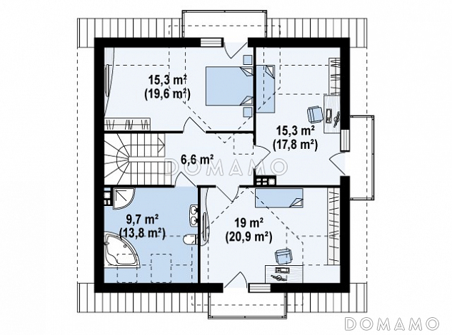 Проект одноэтажного мансардного дома из кирпича с кабинетом, эркером и балконом / План мансардного этажа