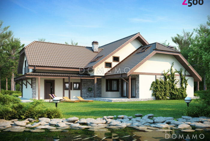 Проект просторного одноэтажного мансардного дома из газобетона с пятью комнатами, балконом и гаражом