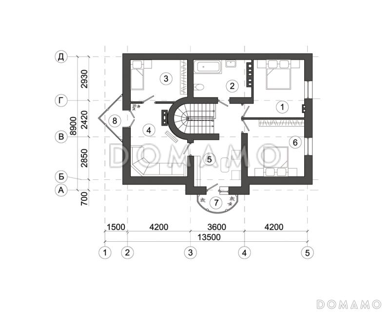 Проект просторного дома с широкой террасой и треугольным эркером / План мансардного этажа