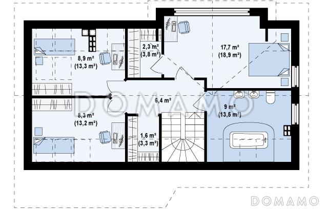 Проект увеличенного одноэтажного мансардного дома из кирпича с гаражом и большим фронтонным окном / План мансардного этажа