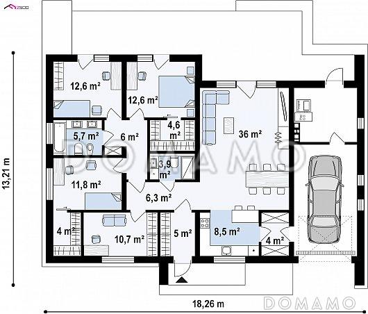 Проект комфортного одноэтажного дома из кирпича с тремя спальнями, кабинетом и гаражом / План 1 этажа