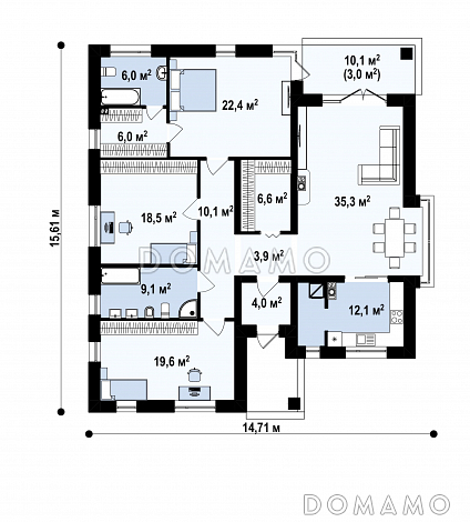 Проект загородного дома с хозяйской спальней, кухней с кладовой, ванной с окном / План 1 этажа