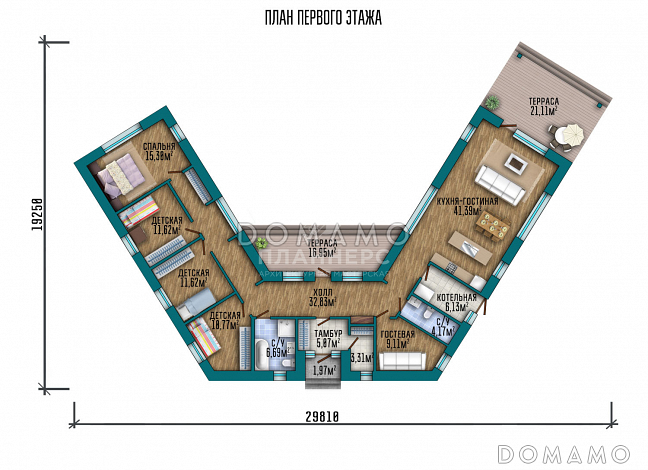 Проект большого одноэтажного дома с просторной кухней-гостиной и террасой / План 1 этажа