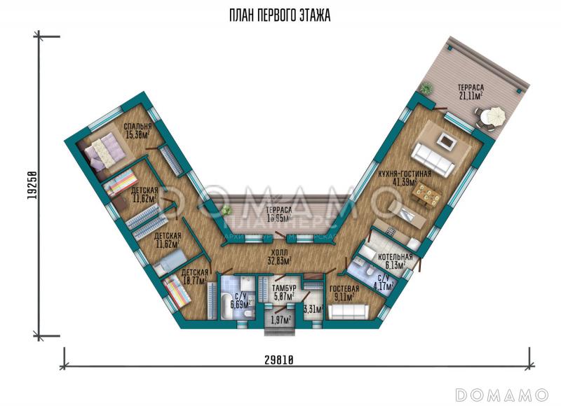 Проект большого одноэтажного дома с просторной кухней-гостиной и террасой / План 1 этажа