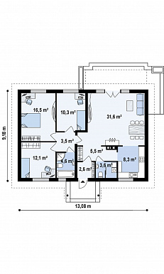Проект простого одноэтажного дома из кирпича с тремя спальнями и просторной гостиной / План 1 этажа Проект простого одноэтажного дома из кирпича с тремя спальнями и просторной гостиной / План 1 этажа