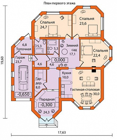 Проект одноэтажного дома с гаражом чуть больше 200 кв. м / План 1 этажа