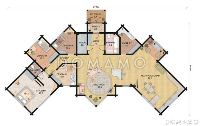 Проект одноэтажного деревянного дома из клееного бруса сложной формы / План 1 этажа