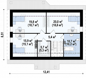 Проект мансардного дома из кирпича с острой крышей, с тремя спальнями и небольшой крытой террасой / План мансардного этажа Проект мансардного дома из кирпича с острой крышей, с тремя спальнями и небольшой крытой террасой / План мансардного этажа