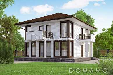 Проект современного дома из клееного бруса с двумя небольшими балконами на втором этаже