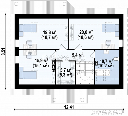 Проект мансардного дома из кирпича с острой крышей, с тремя спальнями и небольшой крытой террасой / План мансардного этажа Проект мансардного дома из кирпича с острой крышей, с тремя спальнями и небольшой крытой террасой / План мансардного этажа
