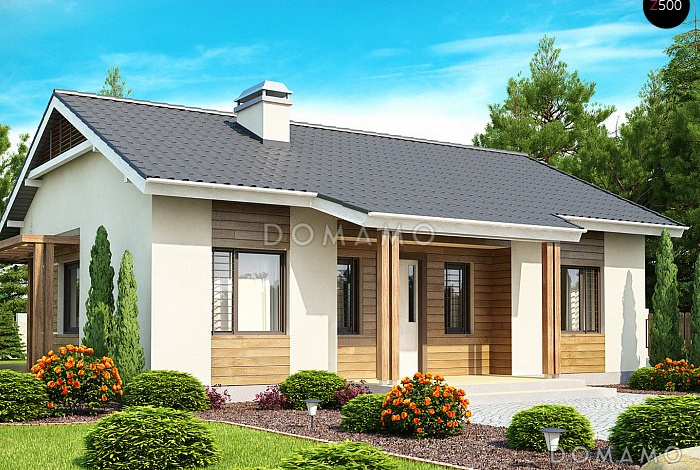 Проект компактного одноэтажного дома из кирпича с двумя спальнями и частично крытой угловой террасой, с возможностью обустроить мансарду Проект компактного одноэтажного дома из кирпича с двумя спальнями и частично крытой угловой террасой, с возможностью обустроить мансарду