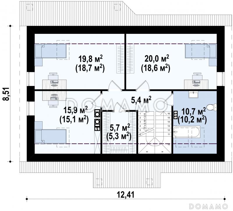 Проект мансардного дома из кирпича с острой крышей, с тремя спальнями и небольшой крытой террасой / План мансардного этажа