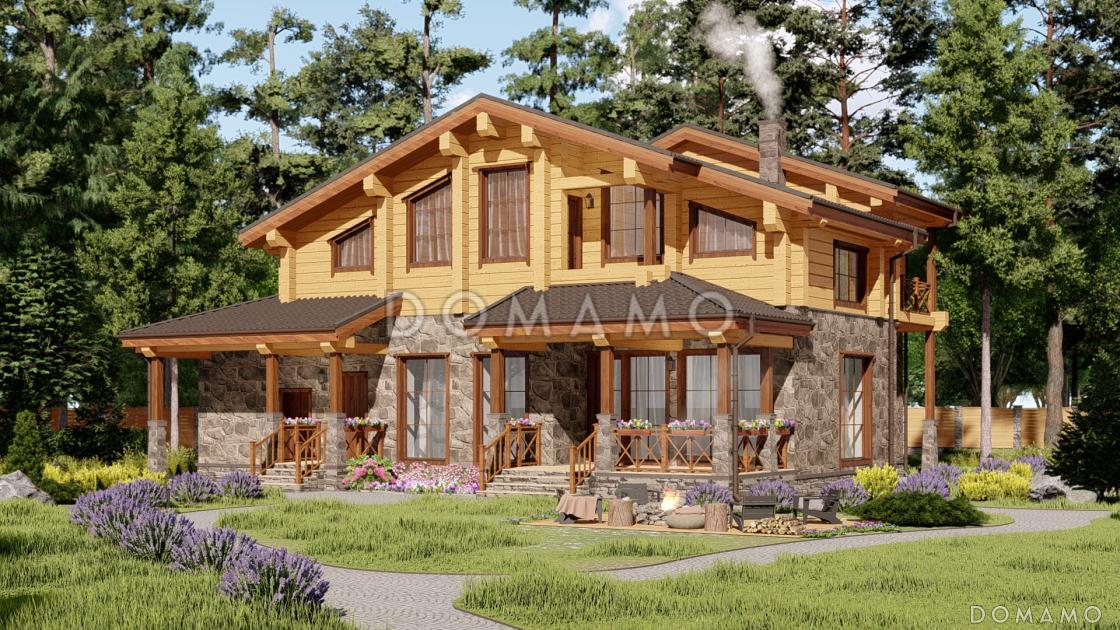 Проект двухэтажного дома из газобетона и бруса, с тремя балконами и террасой / 1