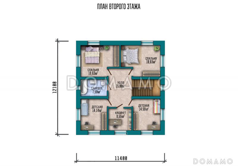 Проект дома с открытой планировкой первого этажа, 5 спальнями, кабинетом и верандой / План 2 этажа