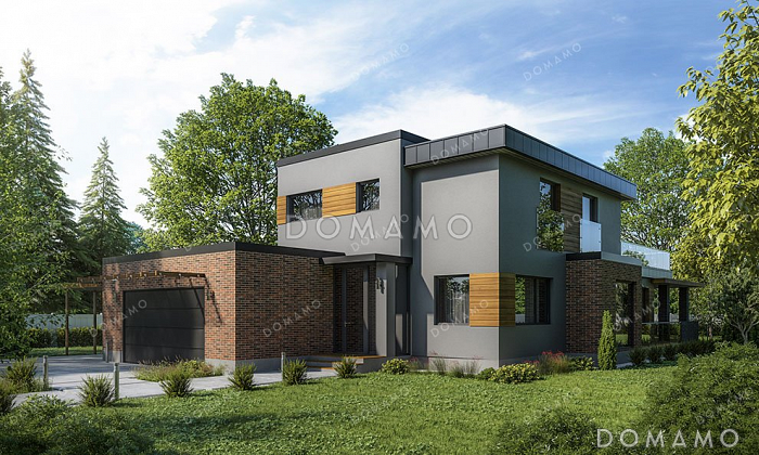 Проект двухэтажного дома с открытой террасой и гаражом на два автомобиля Проект двухэтажного дома с открытой террасой и гаражом на два автомобиля