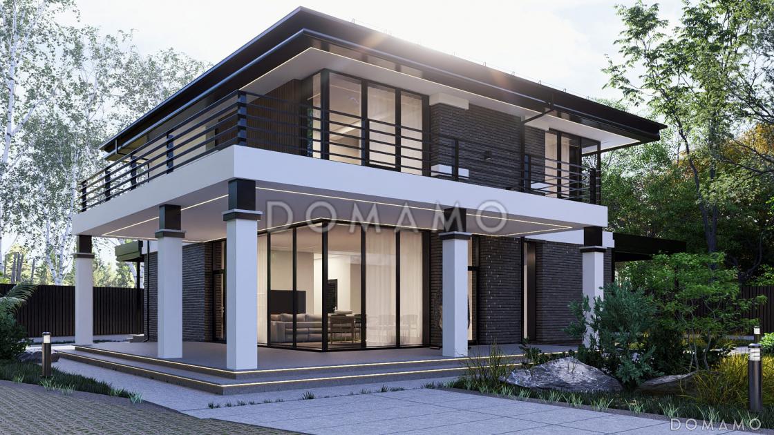 Проект двухэтажной бани из газобетона с кухней, гостиной, балконом и 2 спальнями / 1