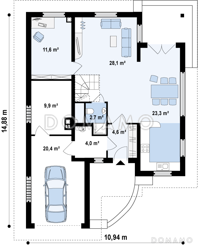 Проект мансардного дома из газобетона с кабинетом, гаражом и техническим помещением / План 1 этажа