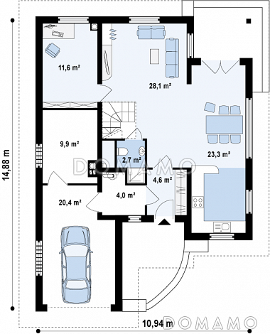 Проект мансардного дома из газобетона с кабинетом, гаражом и техническим помещением / План 1 этажа Проект мансардного дома из газобетона с кабинетом, гаражом и техническим помещением / План 1 этажа