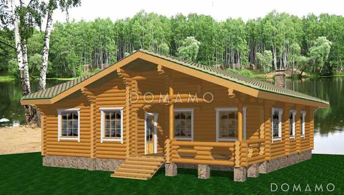 Проект одноэтажного коттеджа из бревна с террасой Проект одноэтажного коттеджа из бревна с террасой