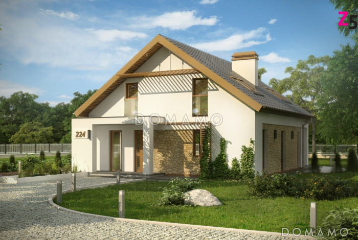 Проект одноэтажного мансардного дома из кирпича с гостевой комнатой на первом этаже и балконом над террасой Проект одноэтажного мансардного дома из кирпича с гостевой комнатой на первом этаже и балконом над террасой