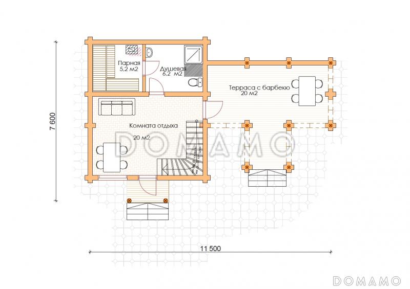 Проект бани с террасой и бильярдной   / План 1 этажа