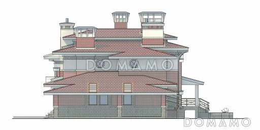 Проект коттеджа с круглой гостиной, гаражом и навесом / Фасад 4