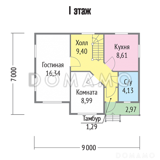 Проект каркасного дома 7х9 / План 1 этажа