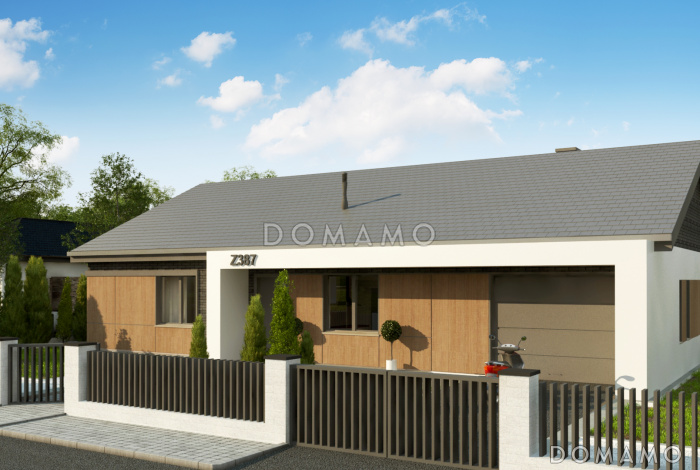 Проект дома с террасой, гаражом, кладовой, тремя спальнями