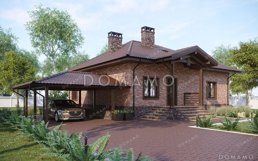 Проект одноэтажного дома с просторной террасой и навесом для автомобиля / 2