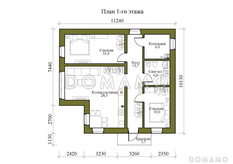 Проект одноэтажного дома с высокими окнами и просторной кухней-гостиной / План 1 этажа