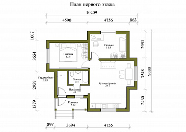 Проект компактного одноэтажного дома с двумя спальнями / План 1 этажа Проект компактного одноэтажного дома с двумя спальнями / План 1 этажа