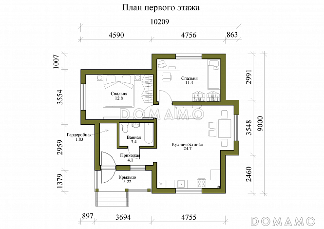 Проект компактного одноэтажного дома с двумя спальнями / План 1 этажа Проект компактного одноэтажного дома с двумя спальнями / План 1 этажа