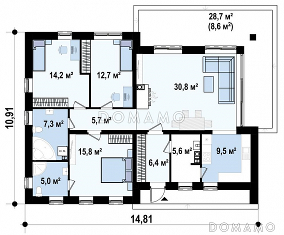 Проект компактного одноэтажного дома из газобетона с тремя спальнями и светлой просторной гостиной / План 1 этажа