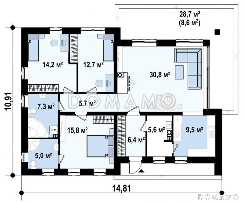 Проект компактного одноэтажного дома из газобетона с тремя спальнями и светлой просторной гостиной / План 1 этажа