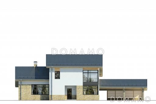 Проект дома с навесом для автомобилей, кухней с выходом на крытую террасу, двумя спальнями на первом этаже, вторым светом / Фасад 1