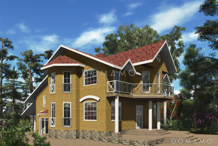 Проект двухэтажного коттеджа с цоколем, с двумя эркерами, балконом и двумя террасами Проект двухэтажного коттеджа с цоколем, с двумя эркерами, балконом и двумя террасами
