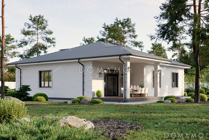 Проект одноэтажного дома с четырьмя спальнями, просторной гостиной-столовой и терасой Проект одноэтажного дома с четырьмя спальнями, просторной гостиной-столовой и терасой