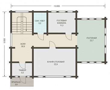 Проект двухэтажного дома из клееного бруса с изолированной кухней-столовой / План 1 этажа Проект двухэтажного дома из клееного бруса с изолированной кухней-столовой / План 1 этажа