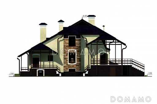 Проект дома с цокольным и мансардным этажами, с круглым эркером и террасой / Фасад 1