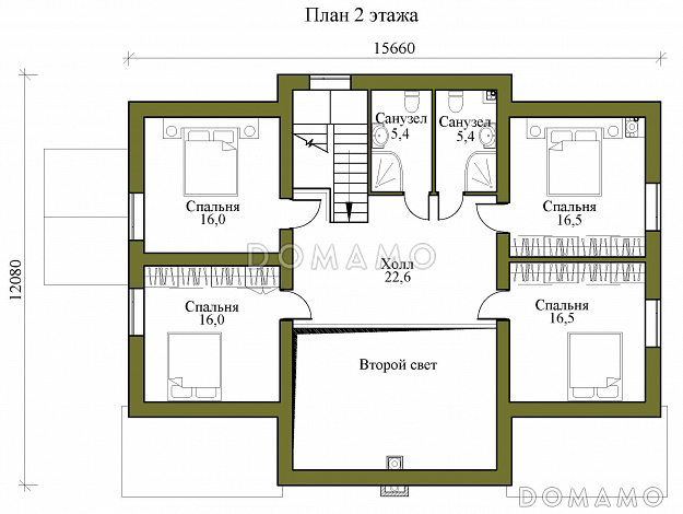 Проект двухэтажного газобетонного дома с просторной террасой, сауной и пятью спальнями / План 2 этажа Проект двухэтажного газобетонного дома с просторной террасой, сауной и пятью спальнями / План 2 этажа