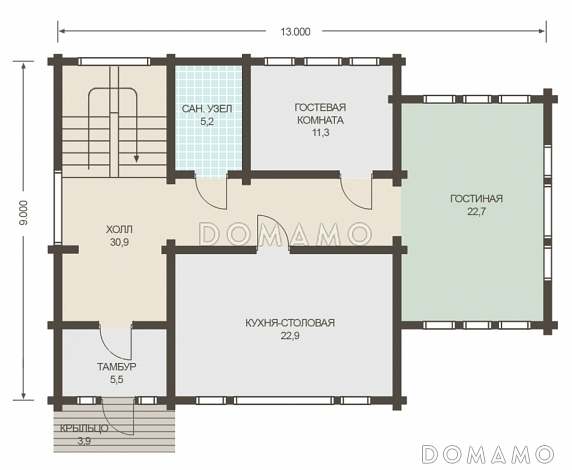Проект двухэтажного дома из клееного бруса с изолированной кухней-столовой / План 1 этажа Проект двухэтажного дома из клееного бруса с изолированной кухней-столовой / План 1 этажа
