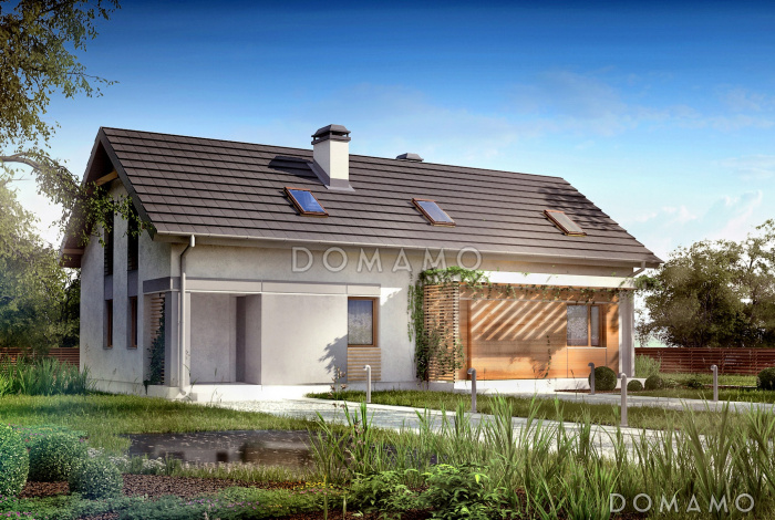 Проект одноэтажного мансардного дома из кирпича с отделённой однокомнатной квартирой на первом этаже