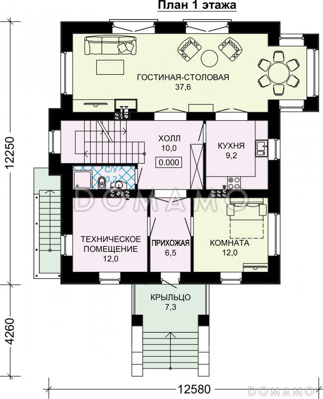 Проект кирпичного дома с подвалом / План 1 этажа