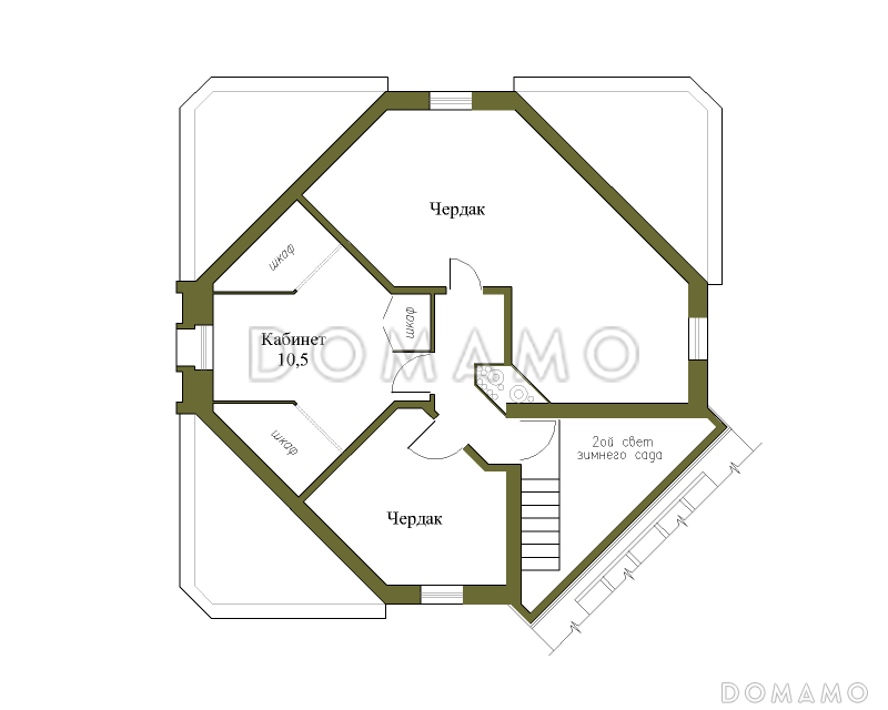 Проект трёхэтажного коттеджа с подвалом и зимним садом / План мансардного этажа