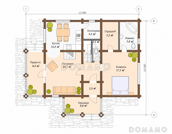 Проект двухэтажного дома из клееного бруса с санузлом в каждой спальной комнате / План 1 этажа