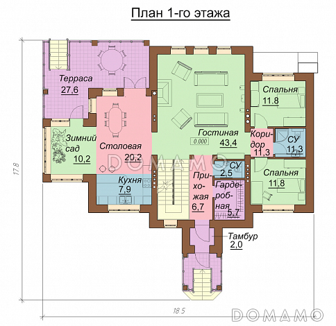 Проект двухэтажного дома с цокольным и мансардным этажами, с сауной и зимним садом / План 1 этажа