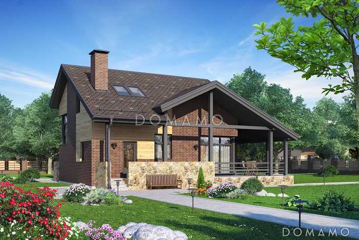 Проект дома с крытой террасой, навесом для автомобиля, вторым светом в гостиной Проект дома с крытой террасой, навесом для автомобиля, вторым светом в гостиной