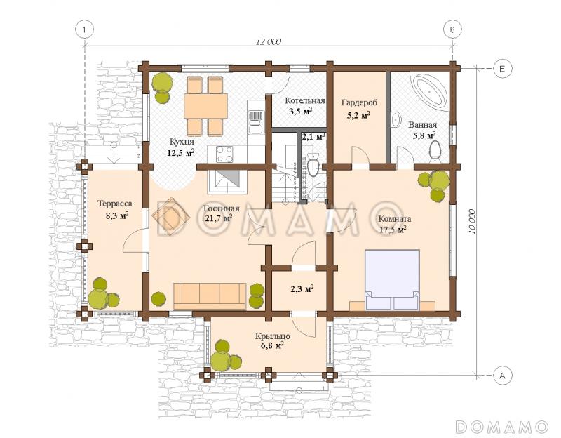Проект двухэтажного дома из клееного бруса с санузлом в каждой спальной комнате / План 1 этажа