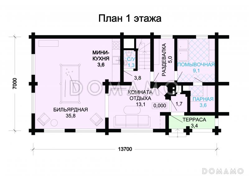Проект деревянного дома с мини-кухней / План 1 этажа