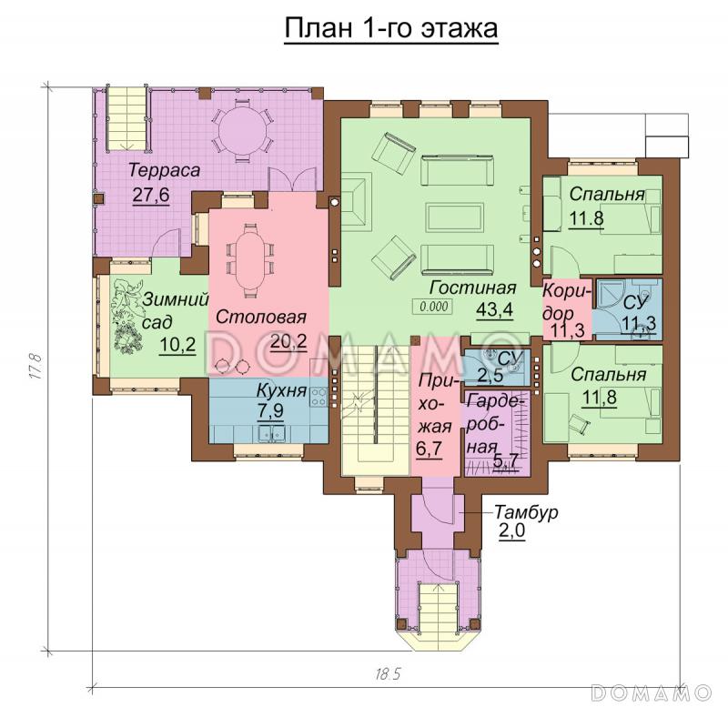 Проект двухэтажного дома с цокольным и мансардным этажами, с сауной и зимним садом / План 1 этажа